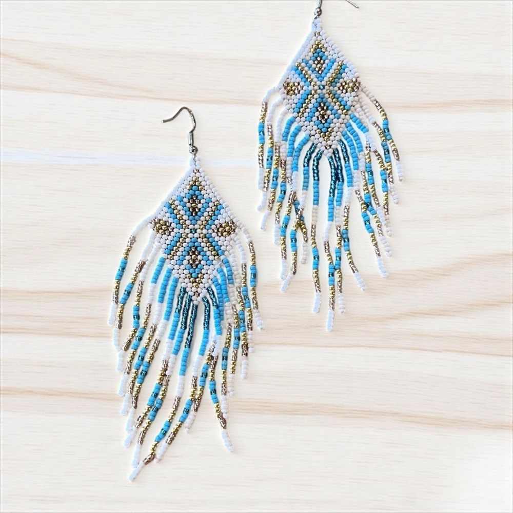 Southwestern Handbeaded Beaded Fringe Earrings - Picture 7 of 11
